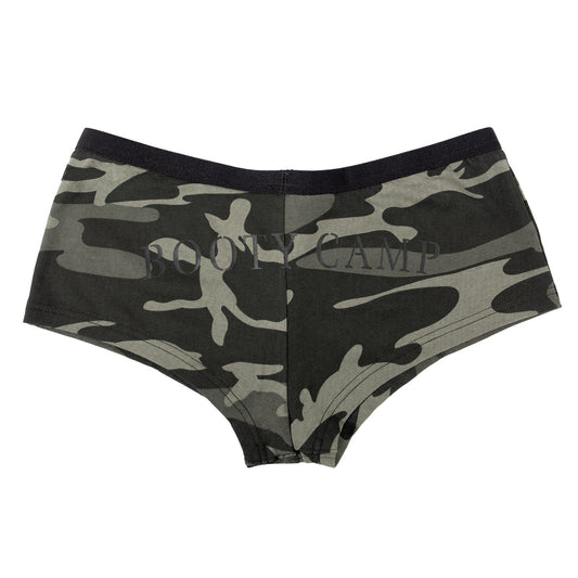 Womens Black Camo "Booty Camp" Booty Shorts Stretch Fabric