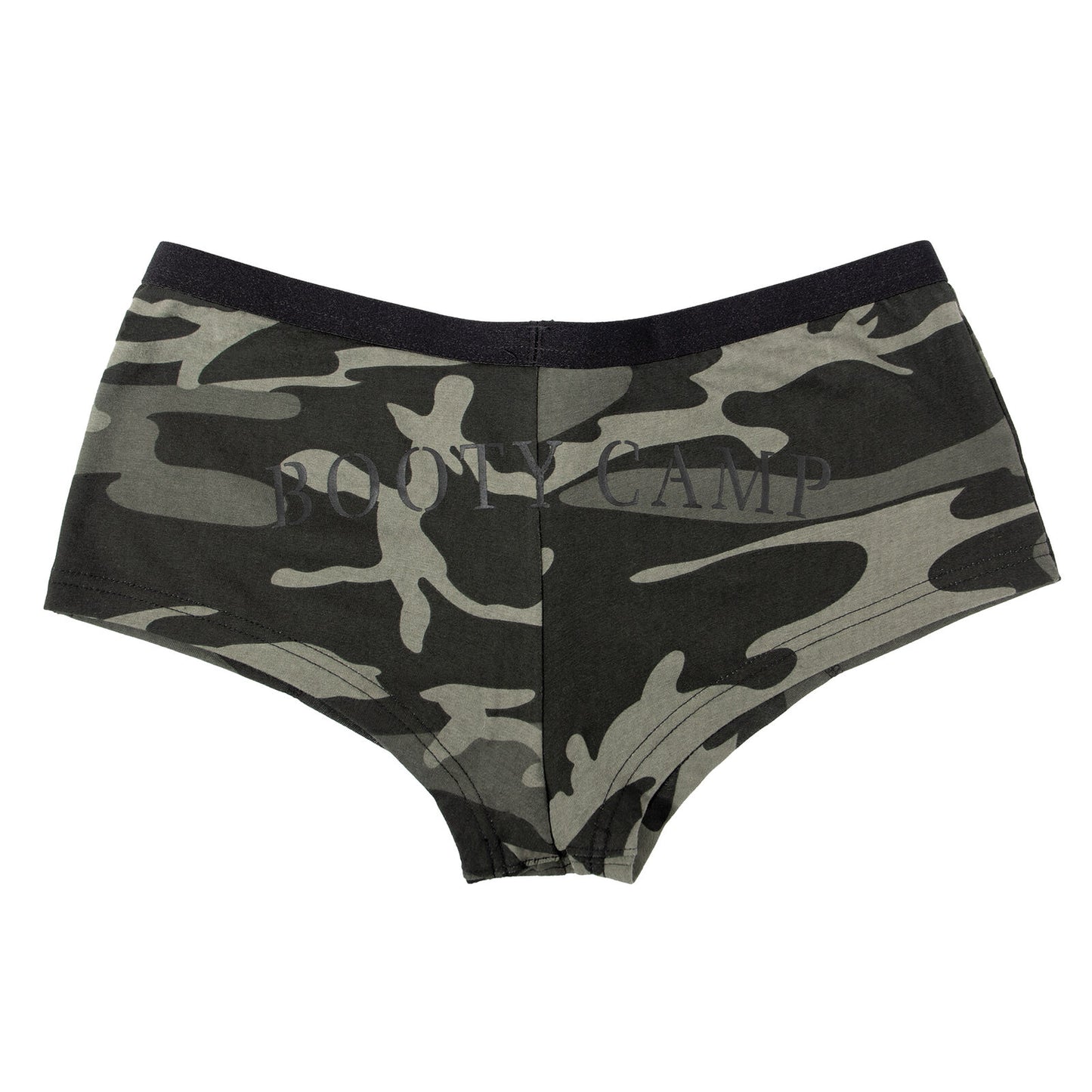 Womens Black Camo "Booty Camp" Booty Shorts Stretch Fabric