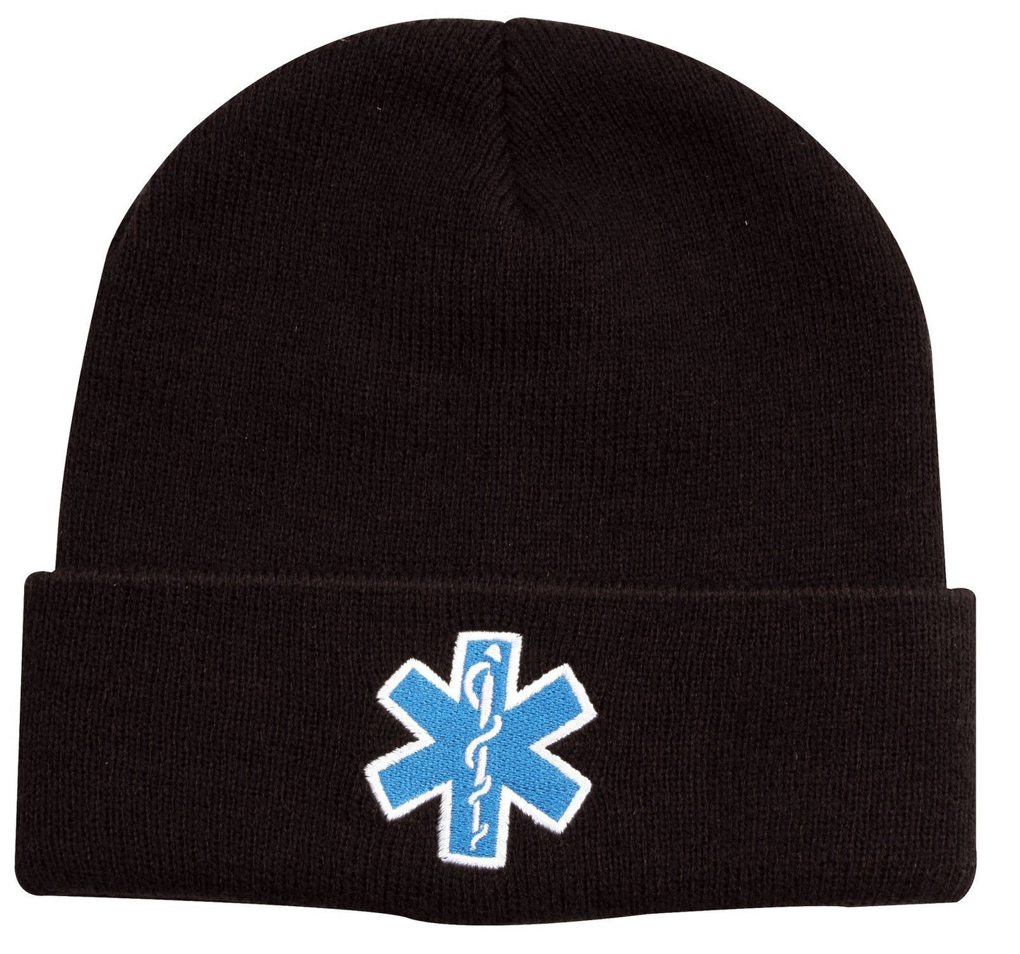 Star Of Life EMS EMT Black Watch Cap Ski Hat - White Blue Embroidered Winter Hat