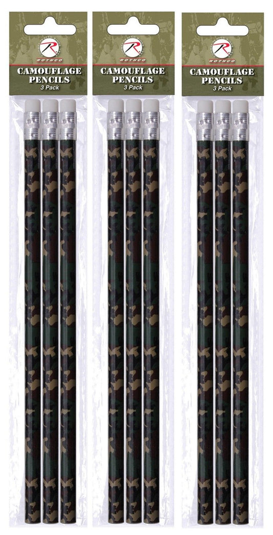 Three Woodland Camouflage Pencil 3 PACKS - Lot Of 9 School & Work Camo Pencils