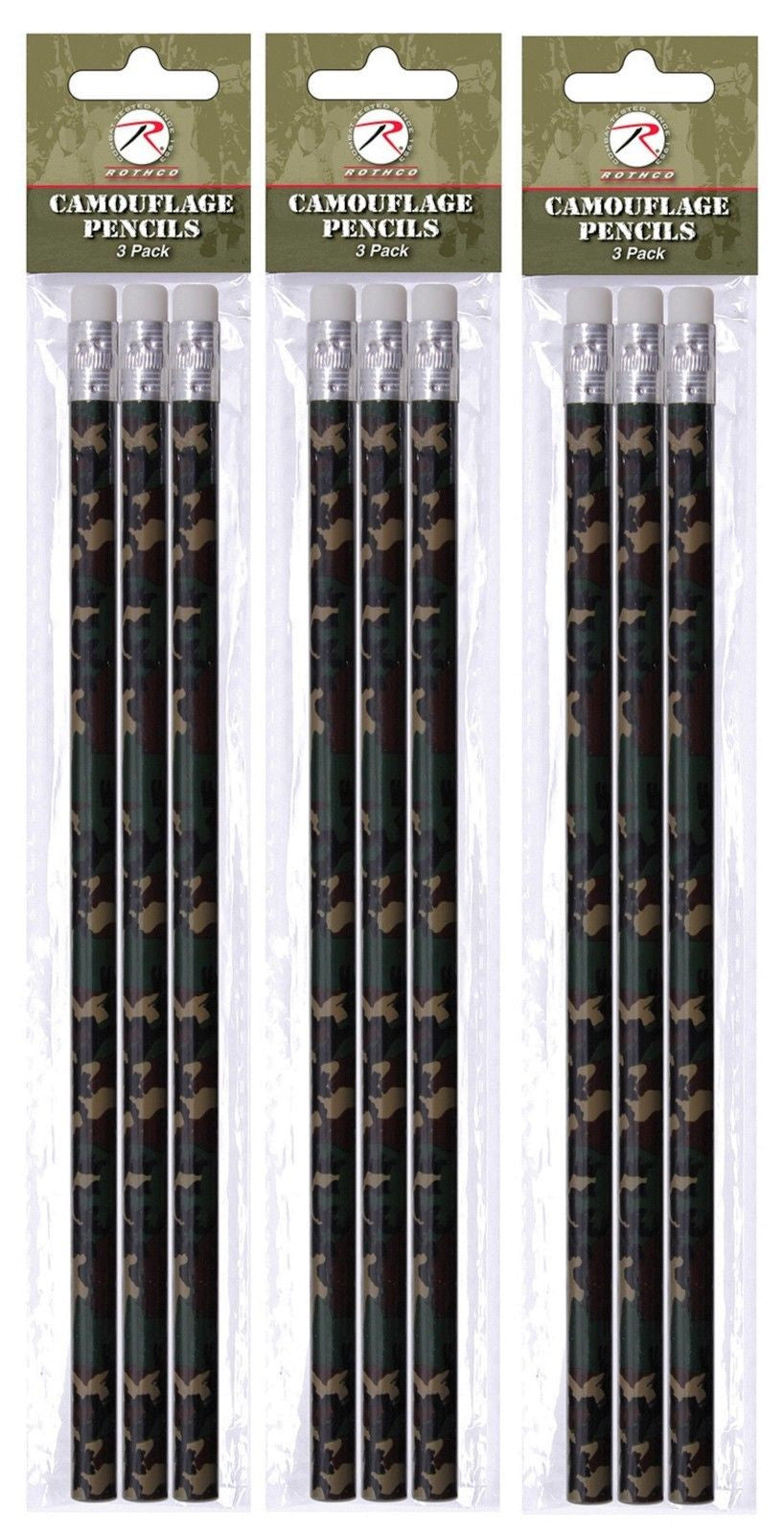 Three Woodland Camouflage Pencil 3 PACKS - Lot Of 9 School & Work Camo Pencils