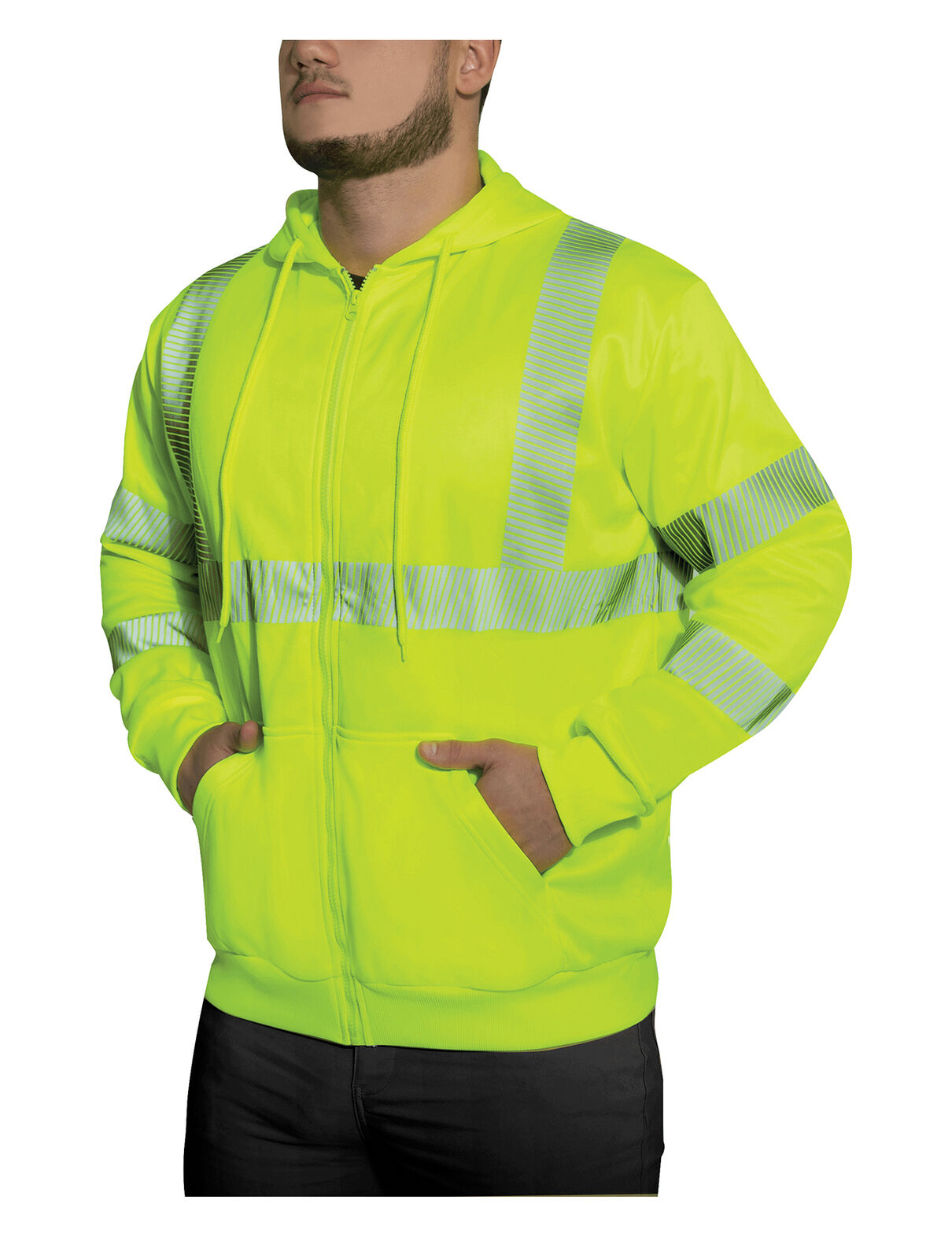 Men's Safety Green Hi-Visibility Hoodie w/ Reflective Strips Zip-Up Sweatshirt