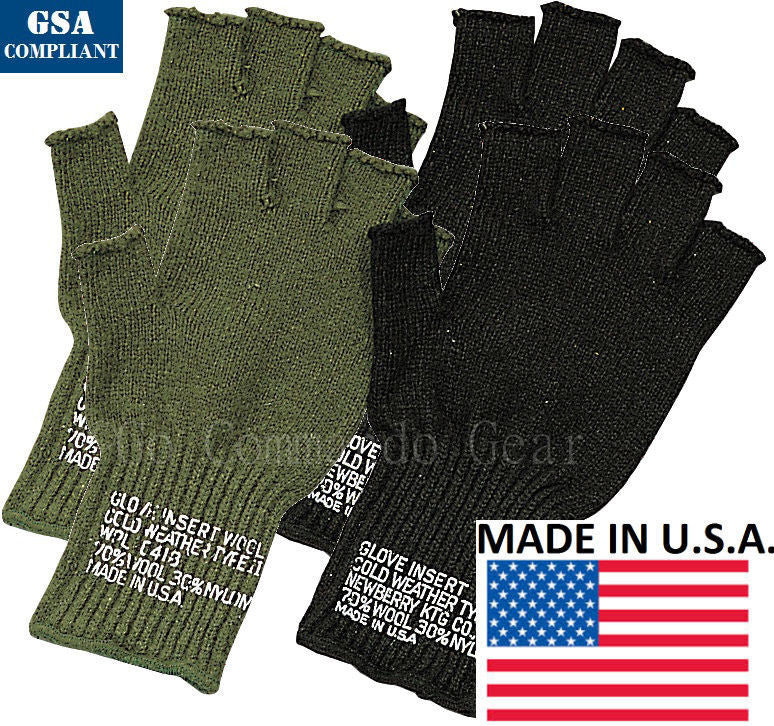 Warm Fingerless Gloves - Black or Olive Wool Blend Glove Insert GSA Compliant