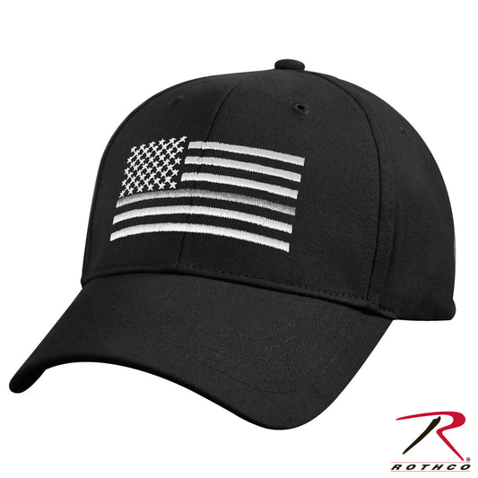 Black Mid To Low Profile Hat - Embroidered Thin Silver Line US Flag Cap Rothco