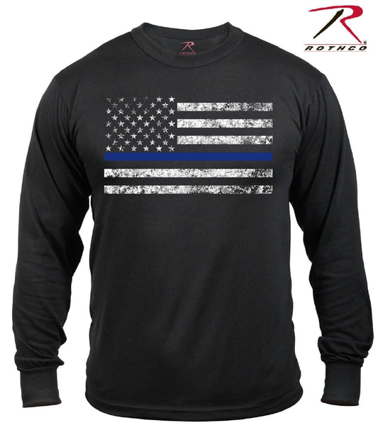 Mens Thin Blue Line Long Sleeve Tee Shirt - Rothco Black TBL USA Flag TShirt