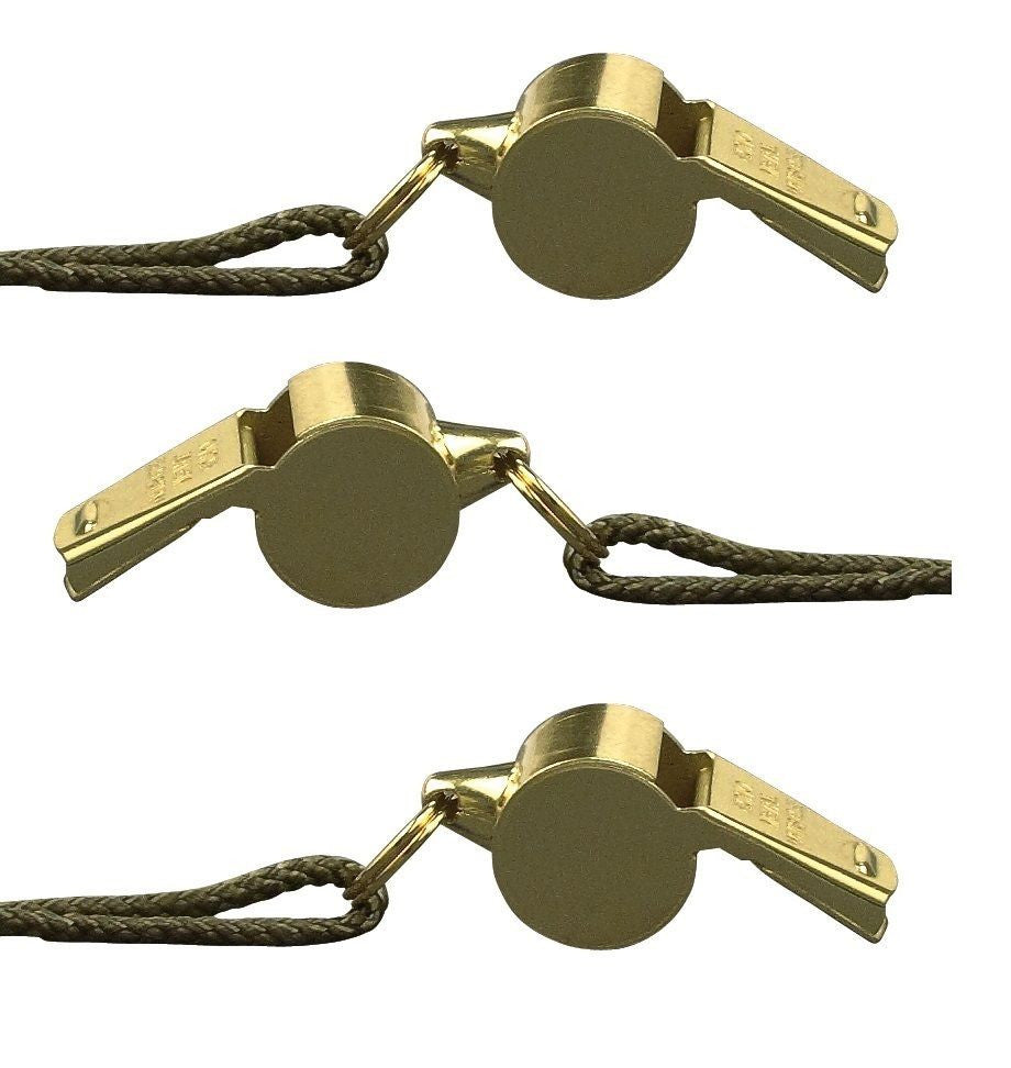 GI Style Nickel Plated Coach Whistle With Brass Finish & Lanyard - 3 Pack