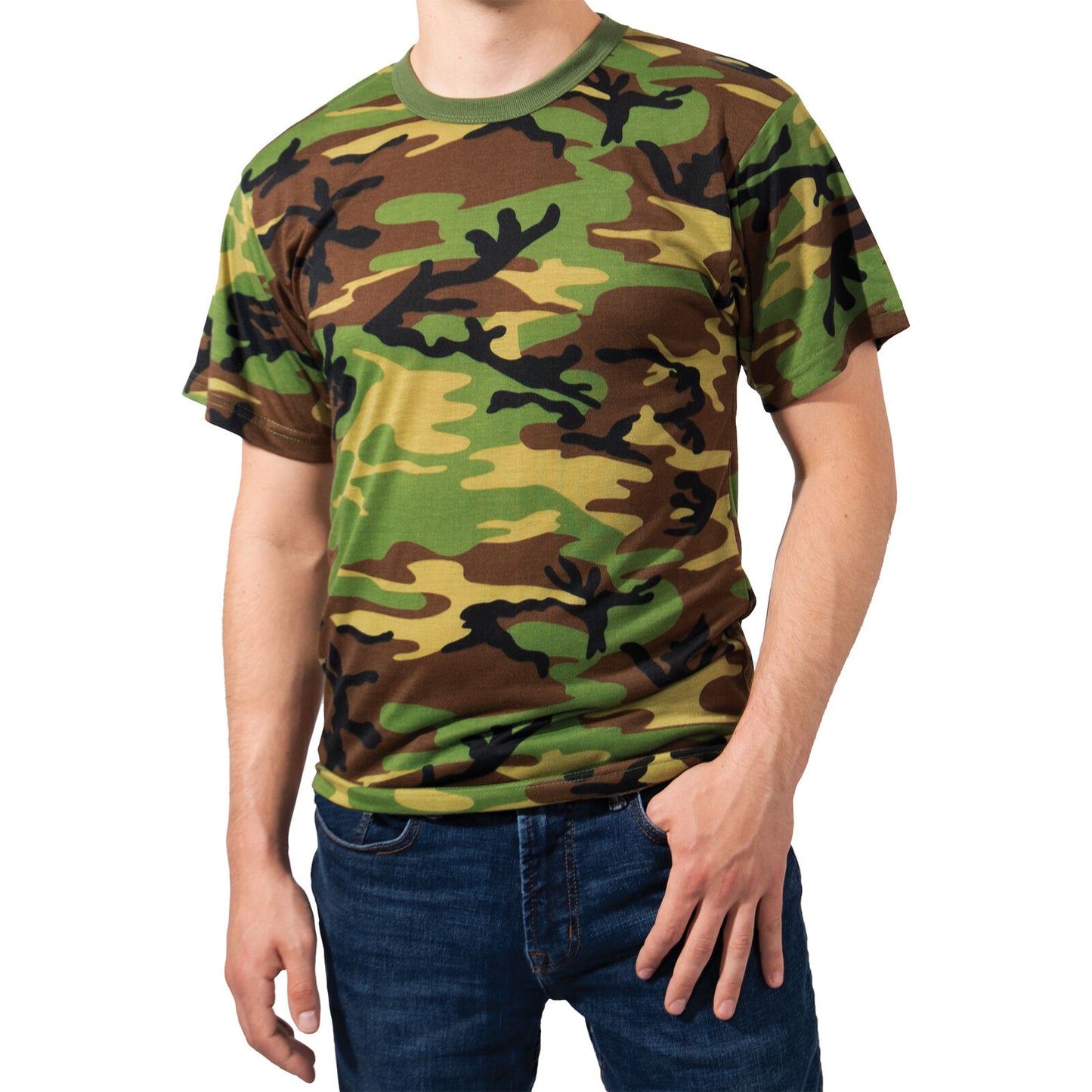 Men's Woodland Camo Moisture Wicking T-Shirt 100% Polyester Camo Performance Tee