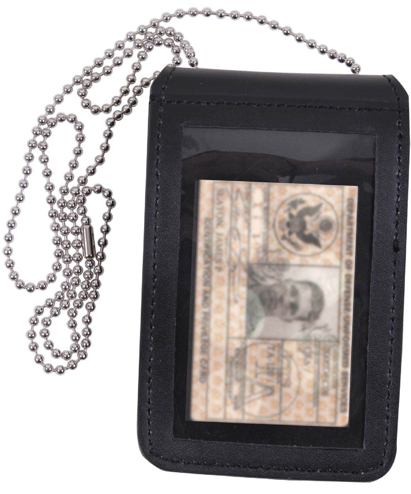Black Leather Law Enforcement Security ID & Badge Holder w/ 33" Neck Chain 1136