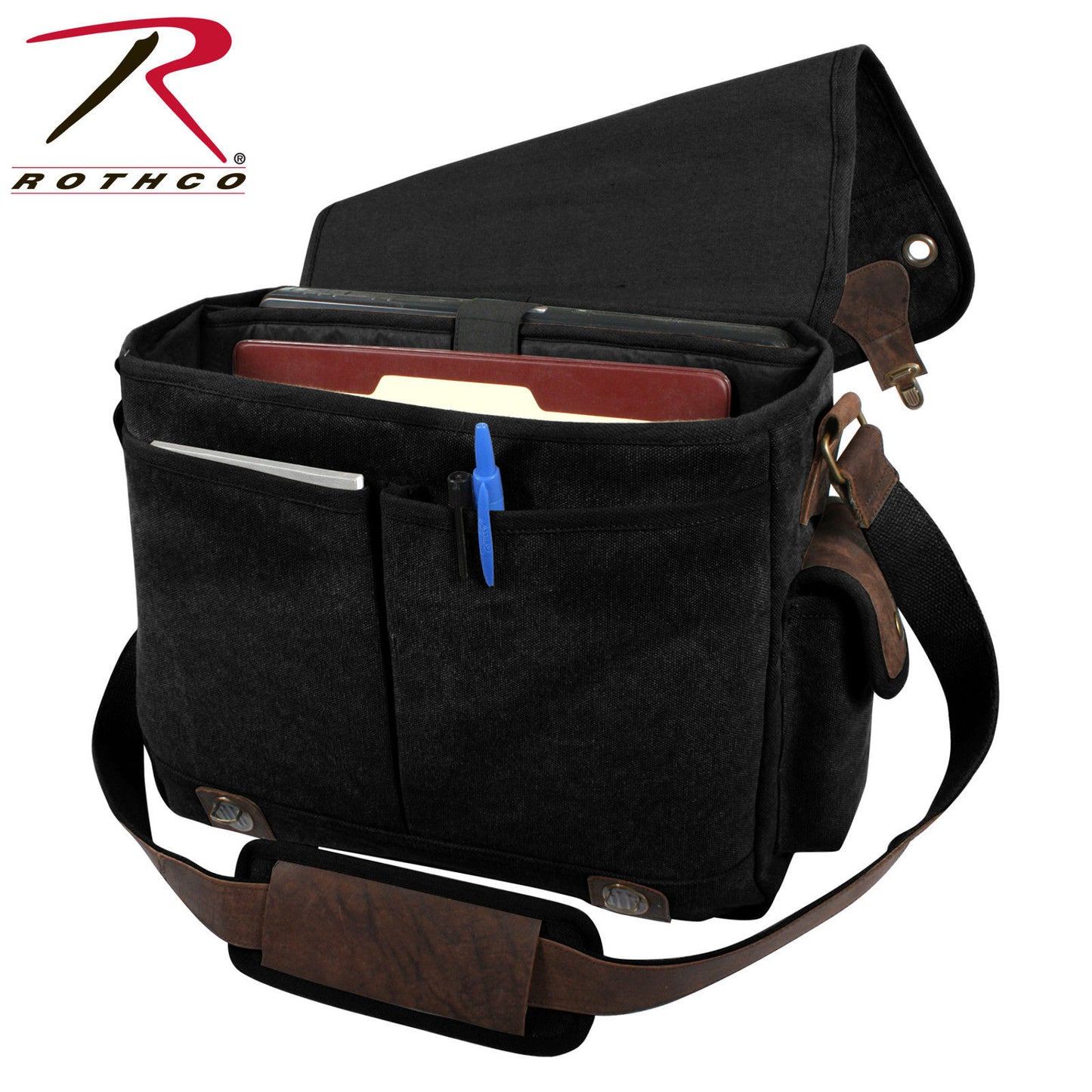 Rothco Canvas Trailblazer Laptop Bag - Black Canvas Portfolio Bag w Brown Accent