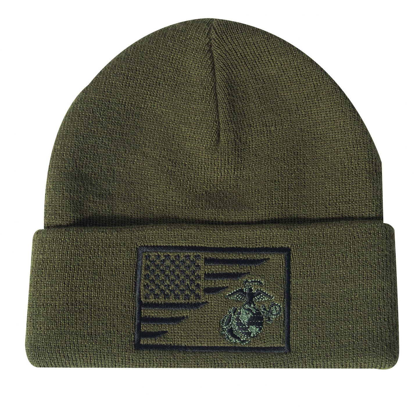 Olive Drab USMC Insignia & Logo / US Flag Deluxe Fine Knit Winter Watch Cap