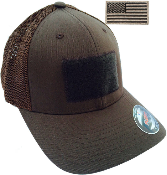 Men's Flexfit Mesh Trucker Tactical Cap - Mid Profile Hat & USA Flag Patch