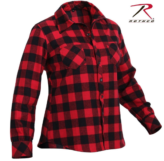 Womens Red and Black Plaid Flannel Shirt - Rothco 100% Cotton Button Up Top