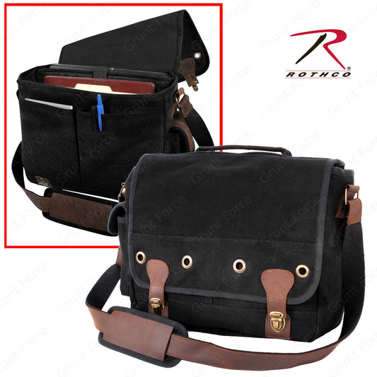 Rothco Canvas Trailblazer Laptop Bag - Black Canvas Portfolio Bag w Brown Accent
