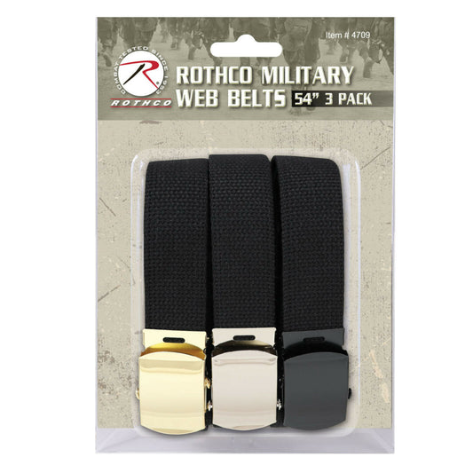 54" Black Web Belt 3 Pack - Includes Black Chrome & Gold Buckles Tips