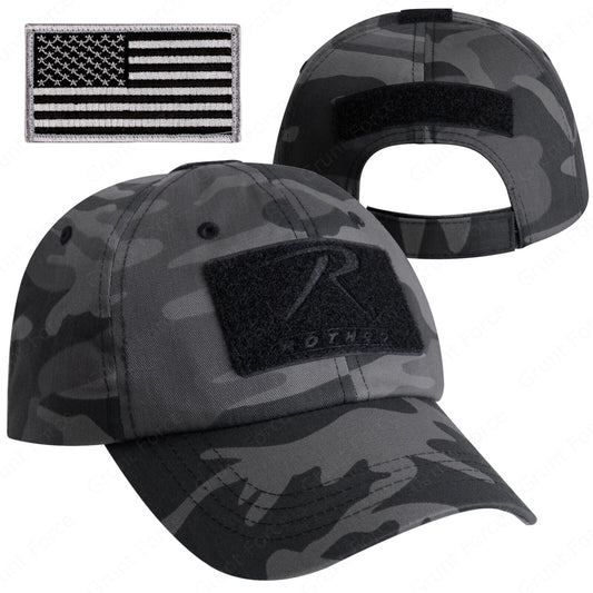 Black Camo Special Forces Operator Tactical Cap Hat w US Patch