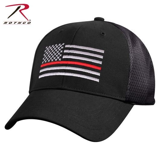 Black Mid-Low Profile Mesh Back Baseball Hat - Rothco Thin Red Line Mesh Cap