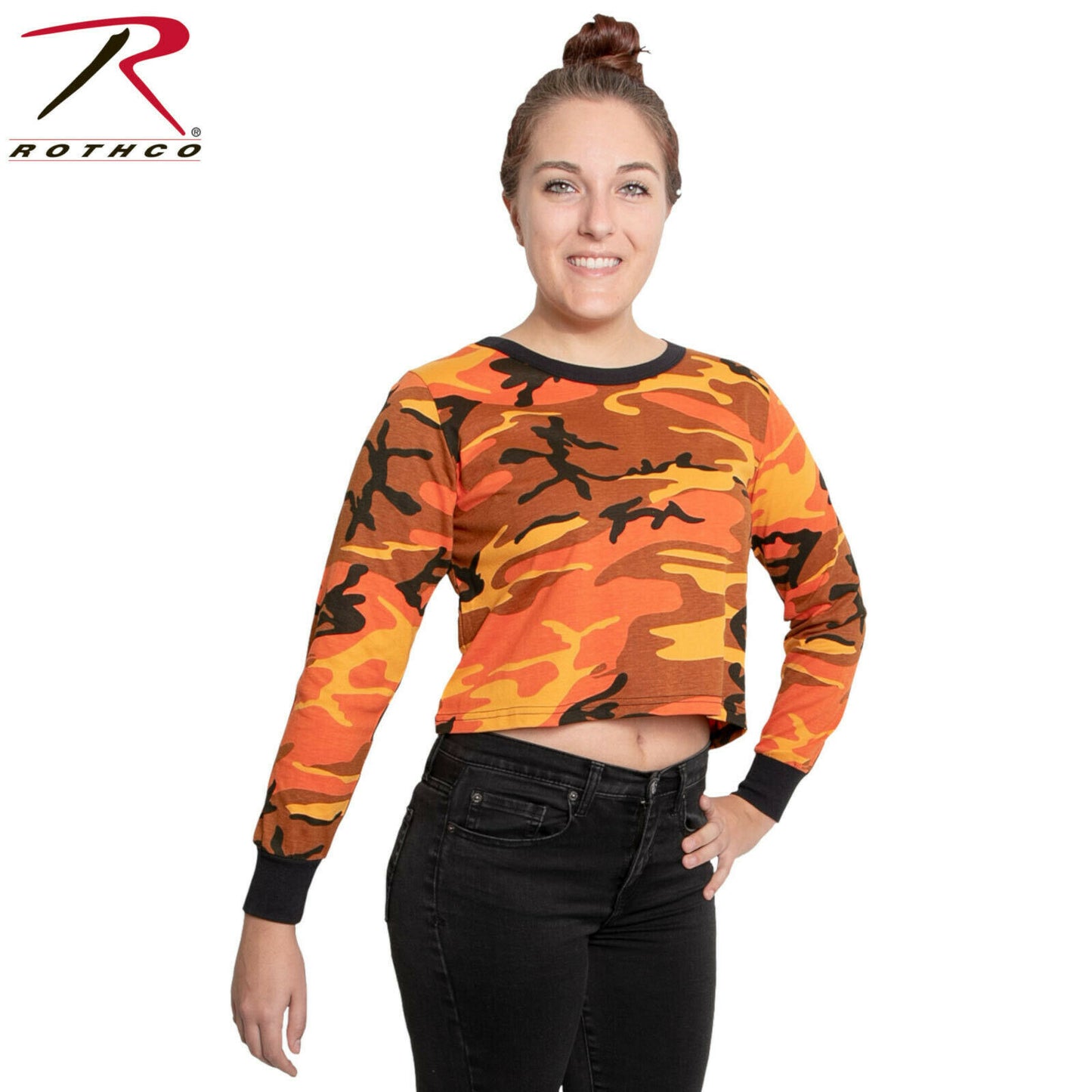 Rothco Women's Savage Orange Camo Long Sleeve Crop Top T-Shirt - Poly Cotton Tee