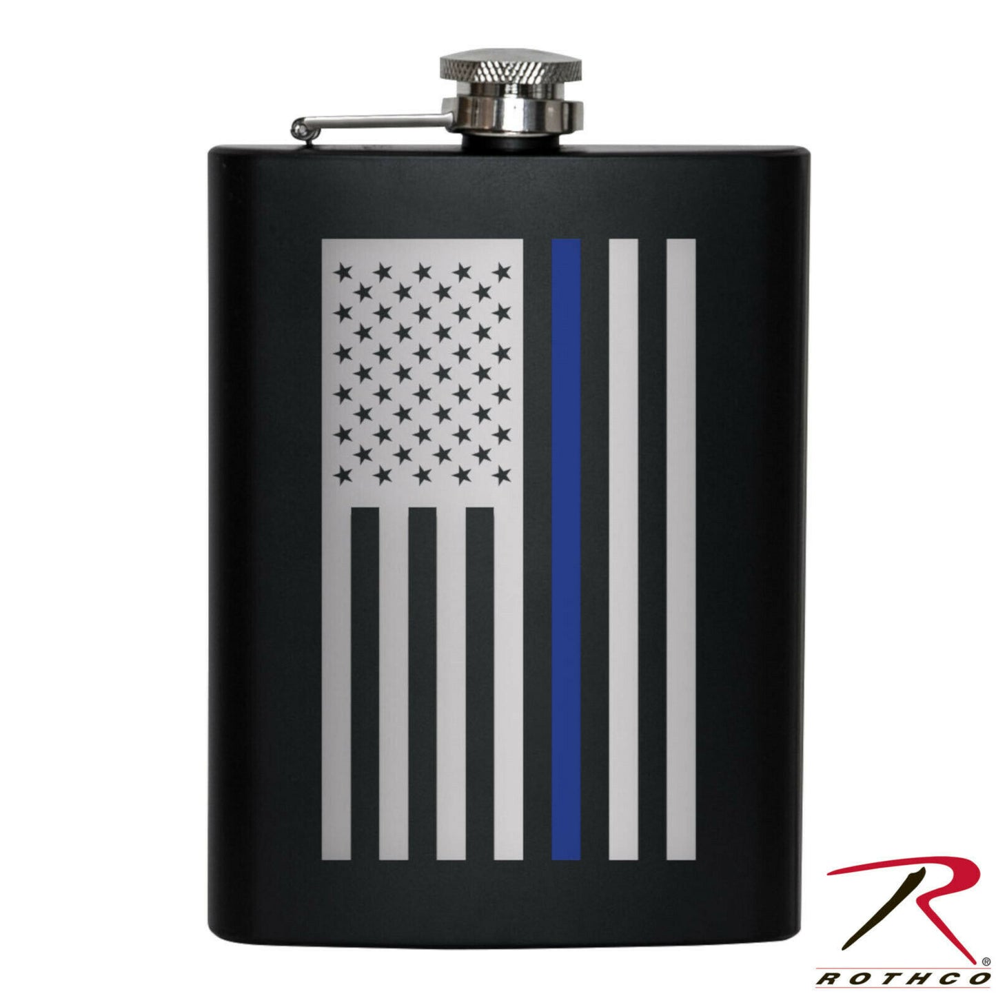 Rothco 8oz. Thin Blue Line Stainless Steel Black Flask w/ Hinged, Screw-Off Cap