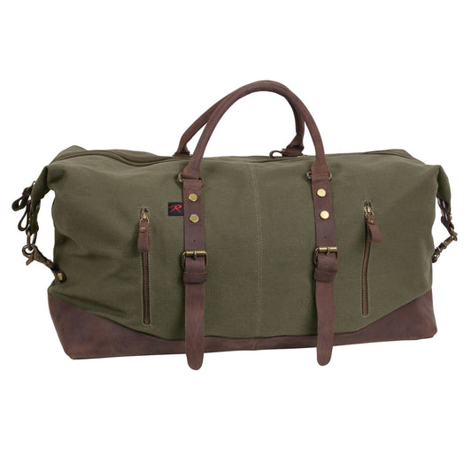 Rothco Extended Weekender Bag - O.D. Canvas Travel Bag w/ Brown Leather Accents