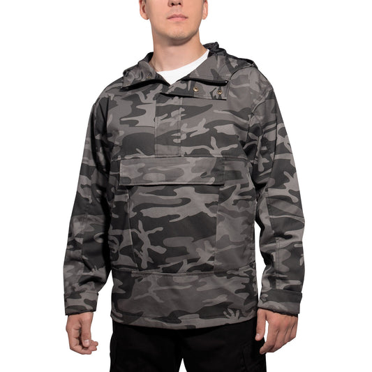 Men's Black Camo Quarter Zip Anorak Parka - Tactical Pullover Jacket With Hood