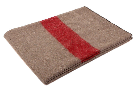 Swiss Style Wool Blanket Tan w/ Red Strip 62" x 80" Warm Fire Retardant Blankets