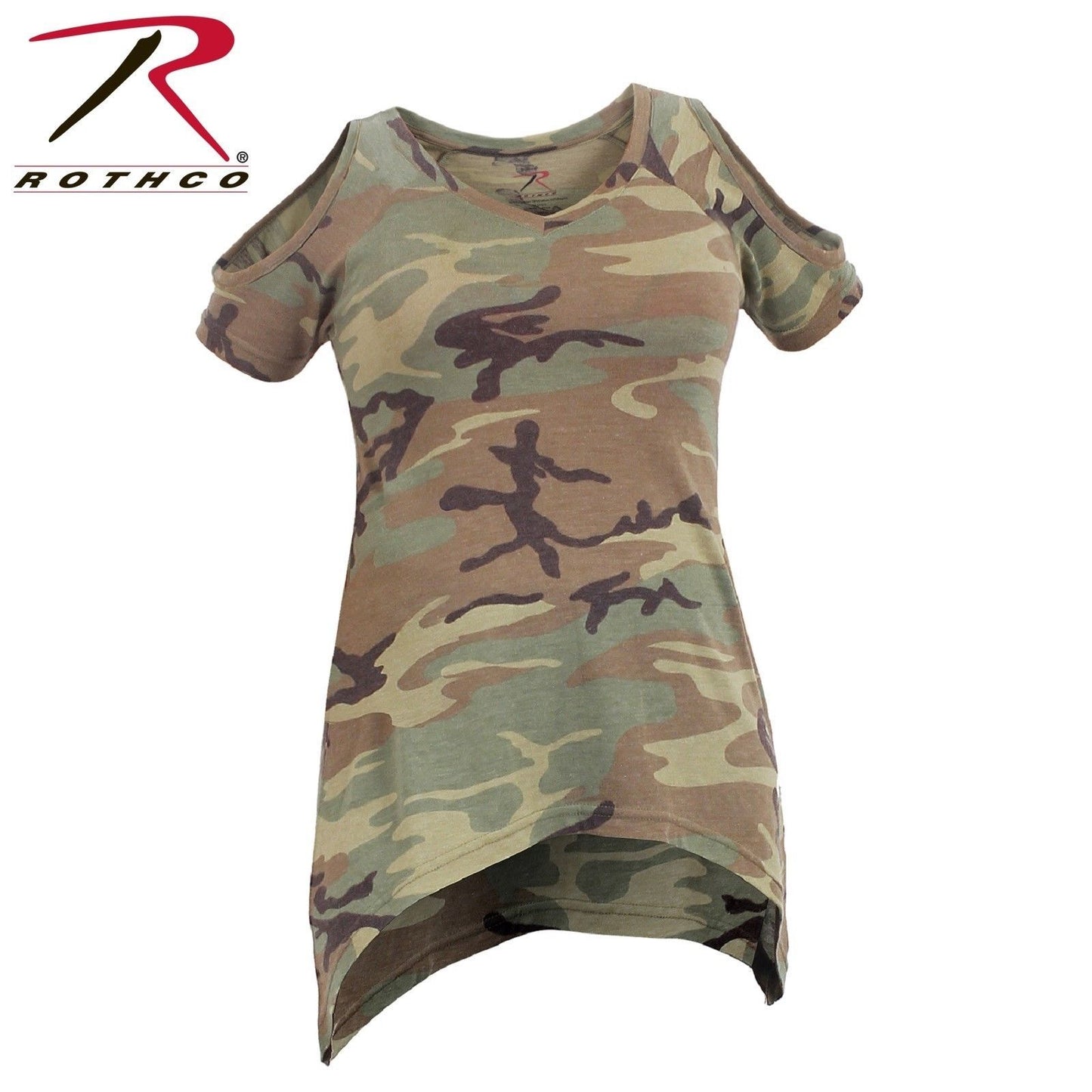 Rothco Womens Camo Cold Shoulder Top - Ladies Vintage Green Camo Flare Cut Shirt