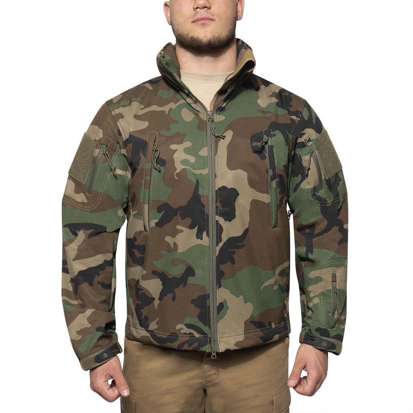 Men's Concealed Carry Water Resistant Soft Shell Tactical Jacket - Woodland Camo