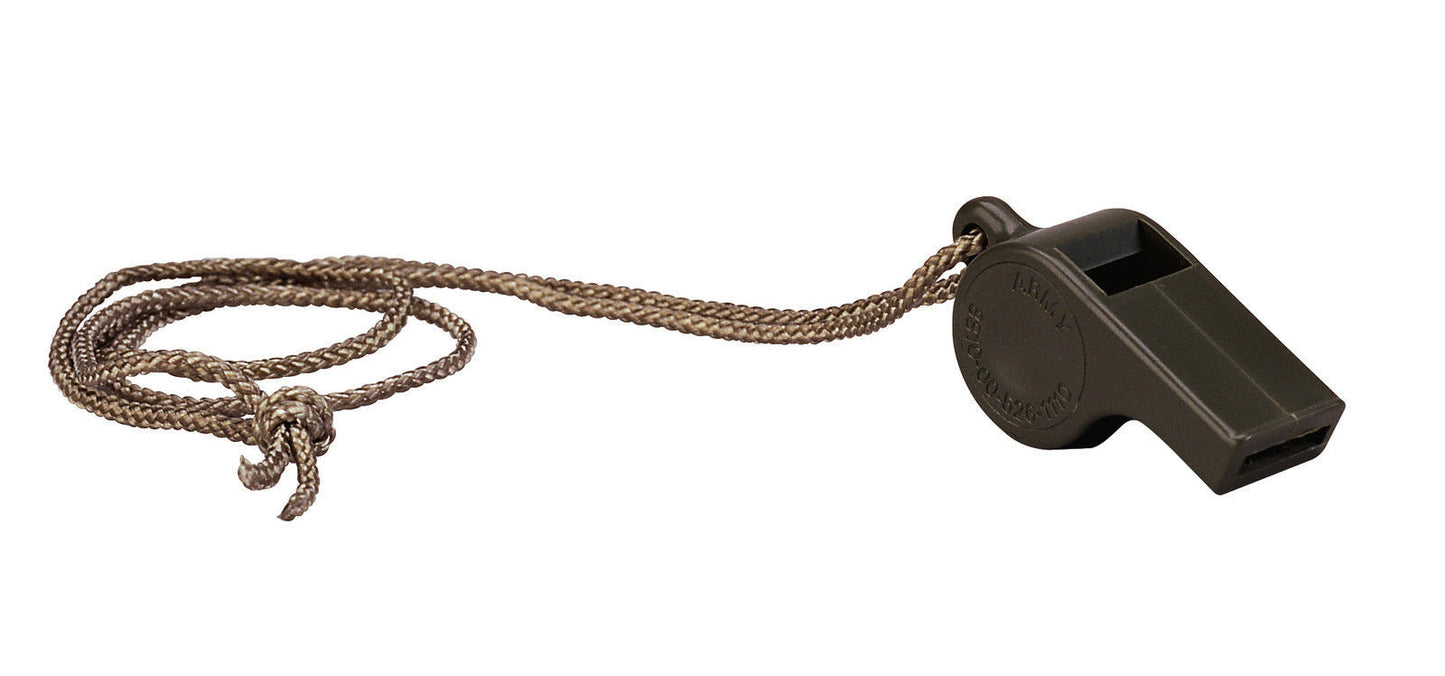 GI Style Olive Drab Police Whistle - Includes Lanyard - OD Plastic & Cork Pea