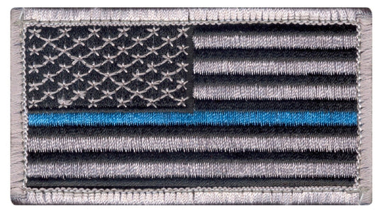 Silver and Black Thin Blue Line Police USA Flag Patch w/ Velcro Type Hook Back