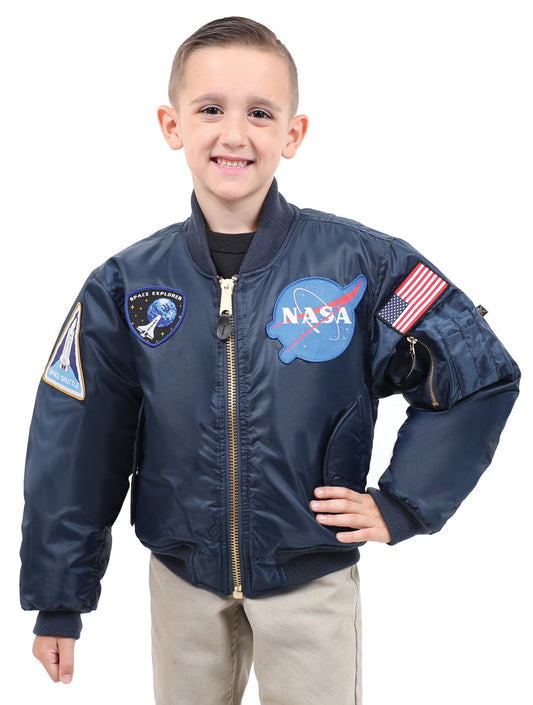 Rothco Kids Navy Blue MA-1 Reversible Flight Jacket With NASA Patches