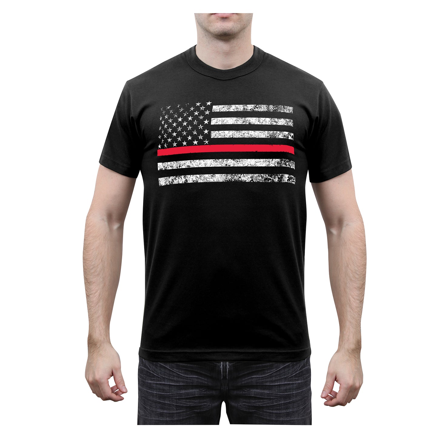 Black Thin Red Line Firefighters Tee Shirt - Mens Short Sleeve Firemans T-Shirt