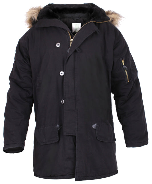 Black Vintage N-3B Parka Jacket - Mens Heavyweight Cotton Winter Coat