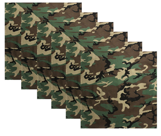 6 PACK Woodland Camouflage Large Bandanas 27" Big Cotton Camo Bandana Six Pack