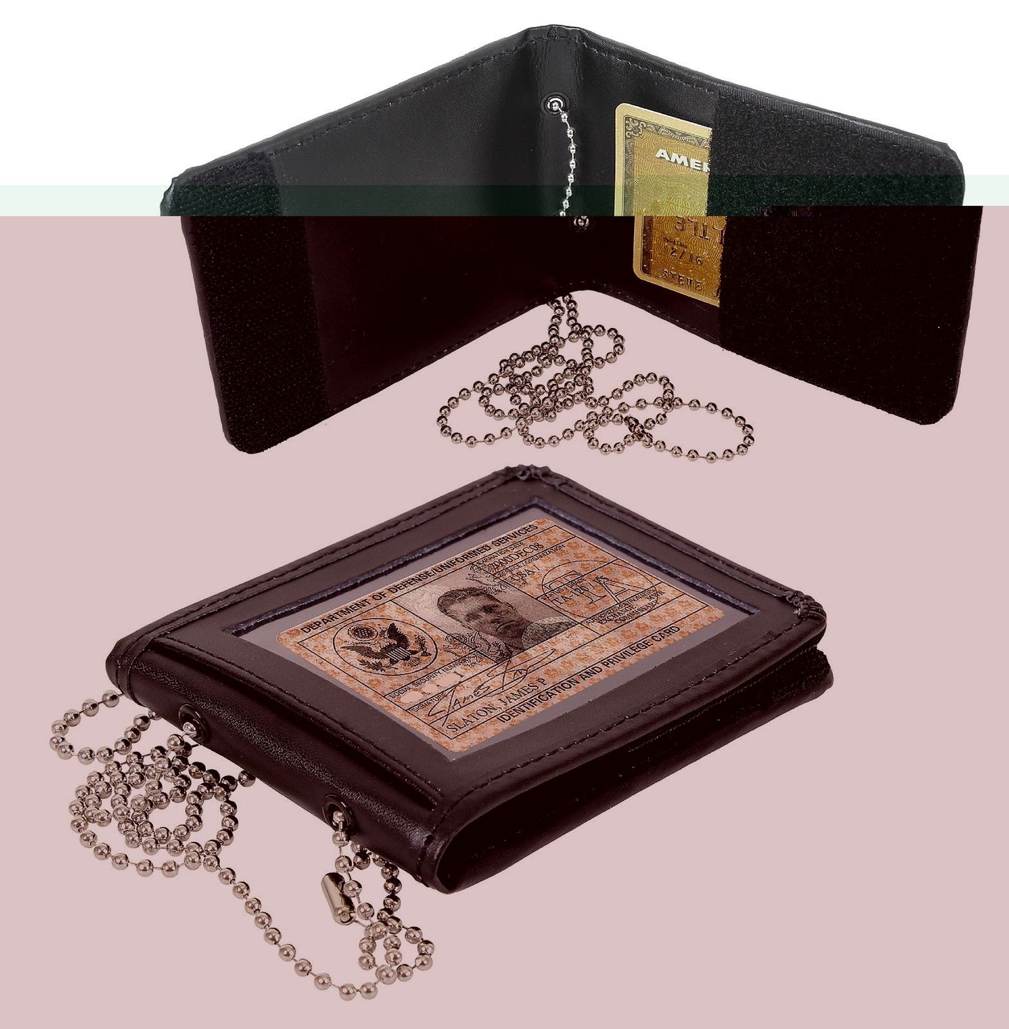 Identification Holder w/ Neck Chain Secure Leather ID Clear Card Badge Keeper