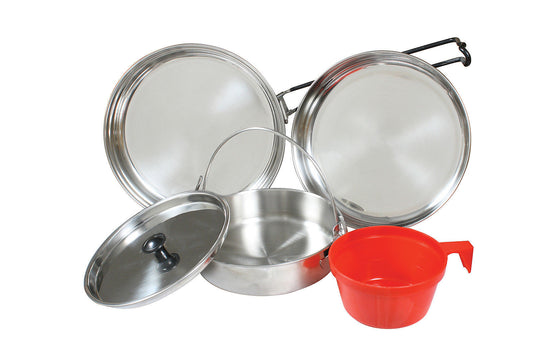 5-Piece Stainless Steel Mess Kit - Fry Pan, Sauce Pan, Lid, Plate, And Cup
