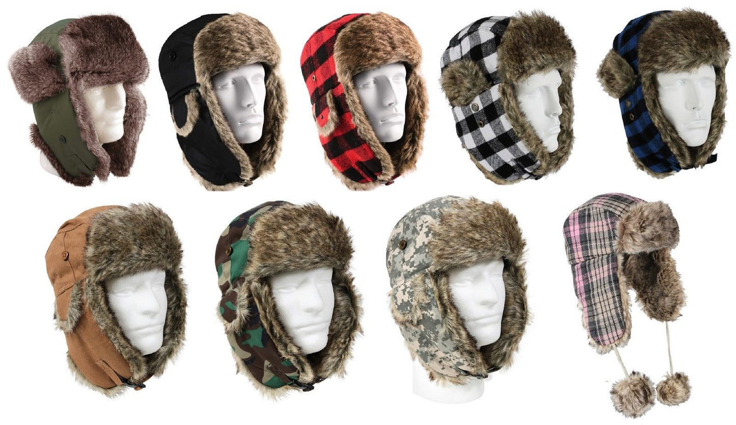 Winter Fur Flyers Hat w/ Earflaps Warm Camo Plaid Cold Weather Cap Hats 7-7.75