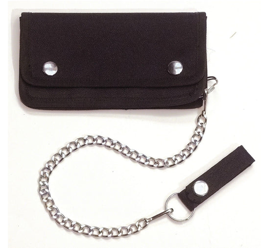 Black Trucker Wallet w/ 14" Chain & Snaps Closure - Secure Polyester Wallet
