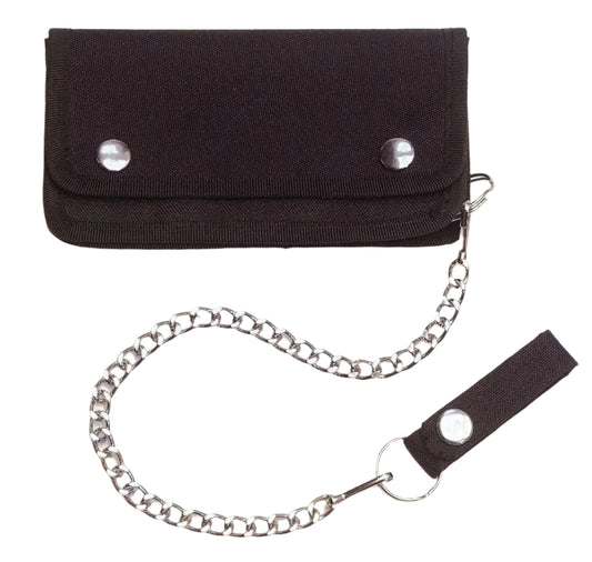 Black Trucker Wallet with 14" Chain & Snaps Closure - Secure Polyester Wallet