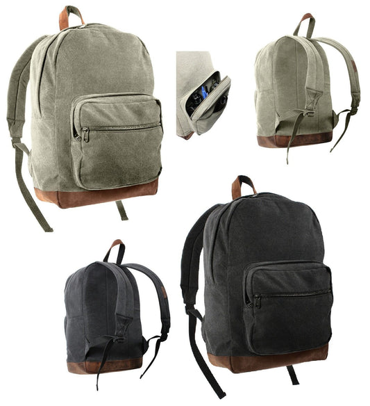 Vintage Canvas Backpack w/ Accented Leather - Teardrop Bookbag Knapsack Bag