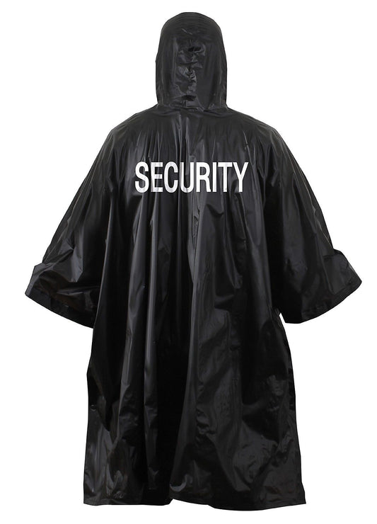 Black SECURITY Rain Poncho Coat Vinyl Hooded Waterproof Outdoor WeatherJacket