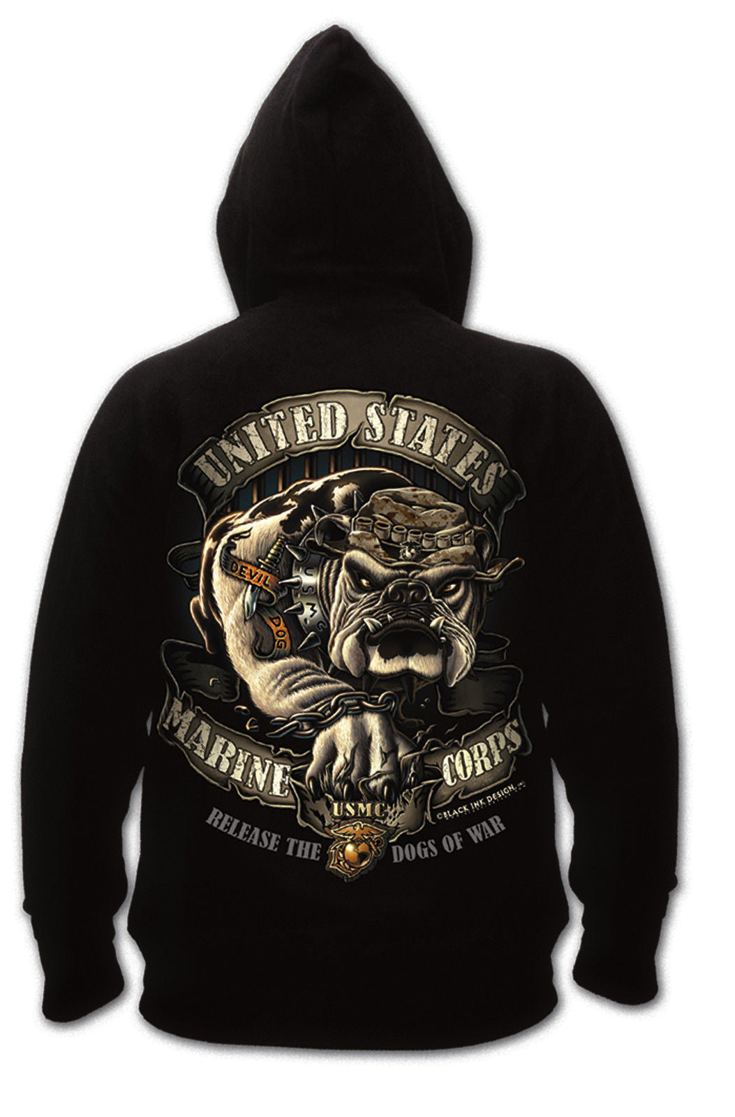 Black Hoodie USMC Graphic Bulldog Pullover Hooded Sweatshirt Black Ink