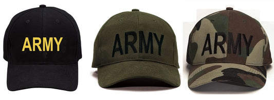 ARMY Baseball Caps - Black, Olive, And Woodland Camo Accents