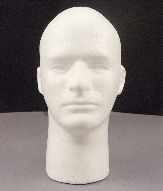 Male Mannequin Styrofoam 12" Head Bust With Face - Display Wigs, Glasses, & Hats