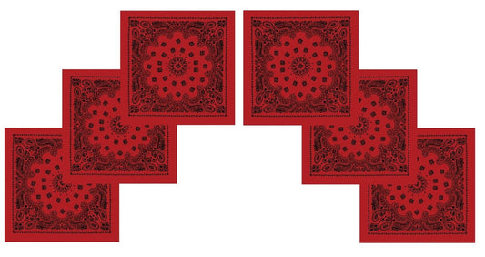 6 PACK Red Bandanas w/ Black Trainmen Bandanas 22" Paisley Cotton Biker Headwrap