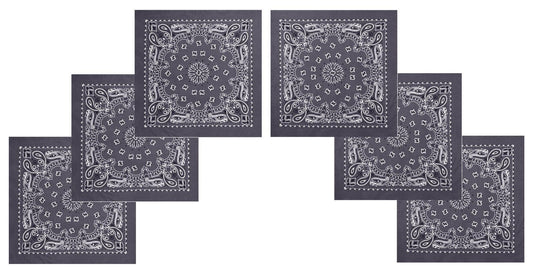 6 PACK Grey Paisley Bandanas 22" Gray Trainmen Cotton Biker Cool Beach Headwraps