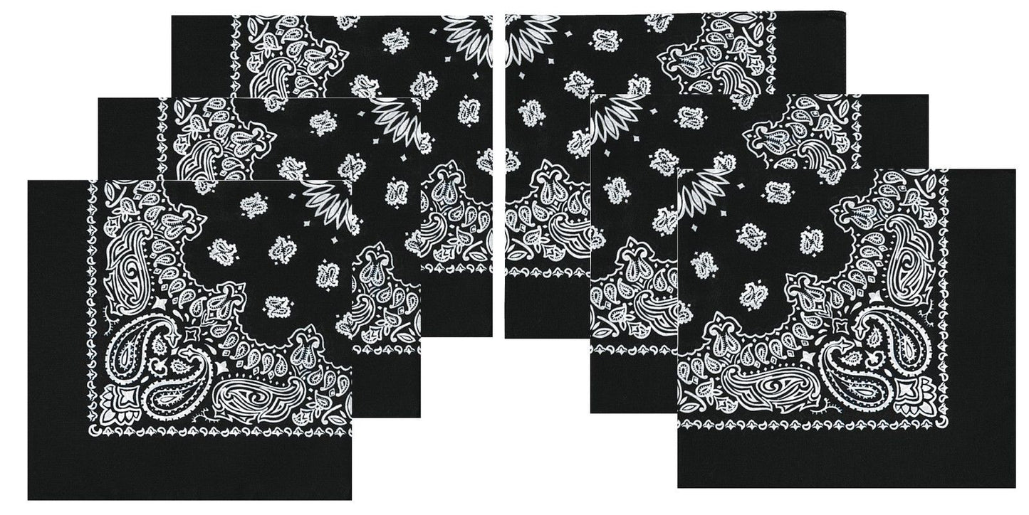 Black Paisley Bandana 6 PACK - Black Trainmen Bandanas 22" Cotton Headwraps ALL6