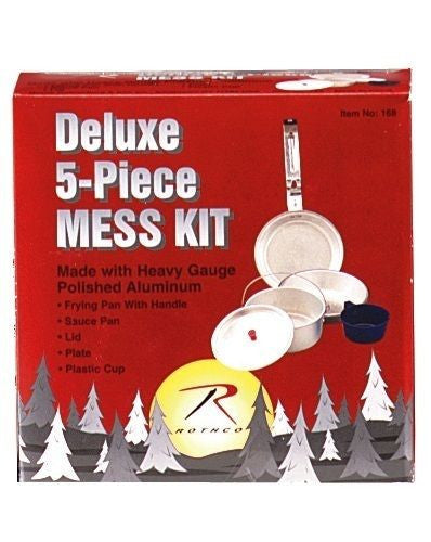 Deluxe 5-Piece Mess Kit - Polished Aluminum - Fry & Sauce Pan, Lid, Plate, Cup