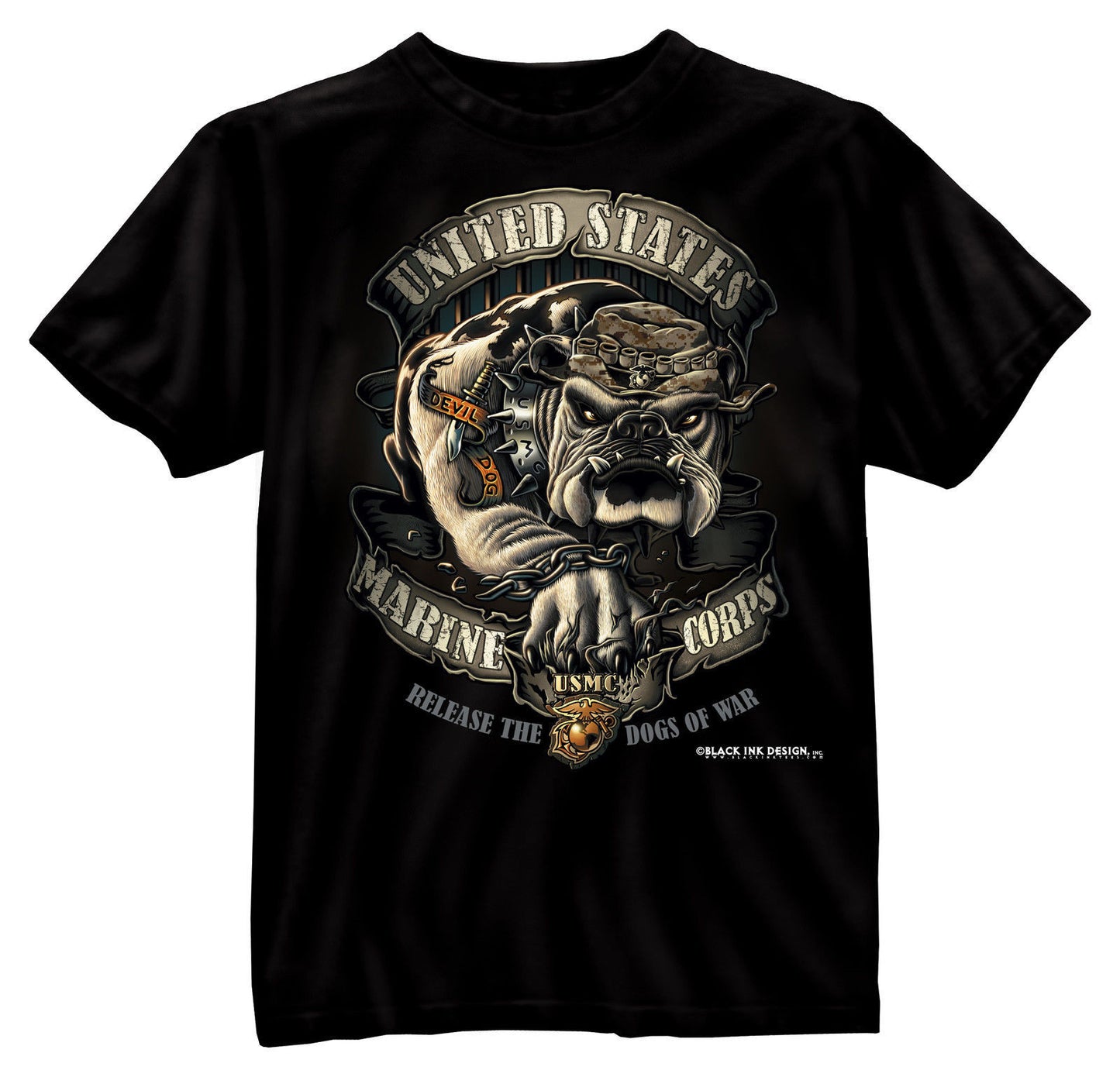 Black Ink Bulldog Black USMC 2-Sided T-Shirt
