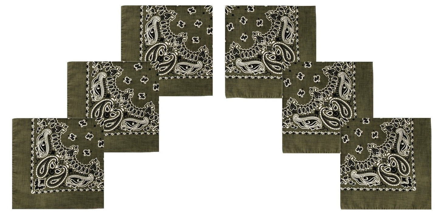 6-PACK Olive Green Paisley Large Bandanas Six 27" Trainmen Cotton Biker Headwrap