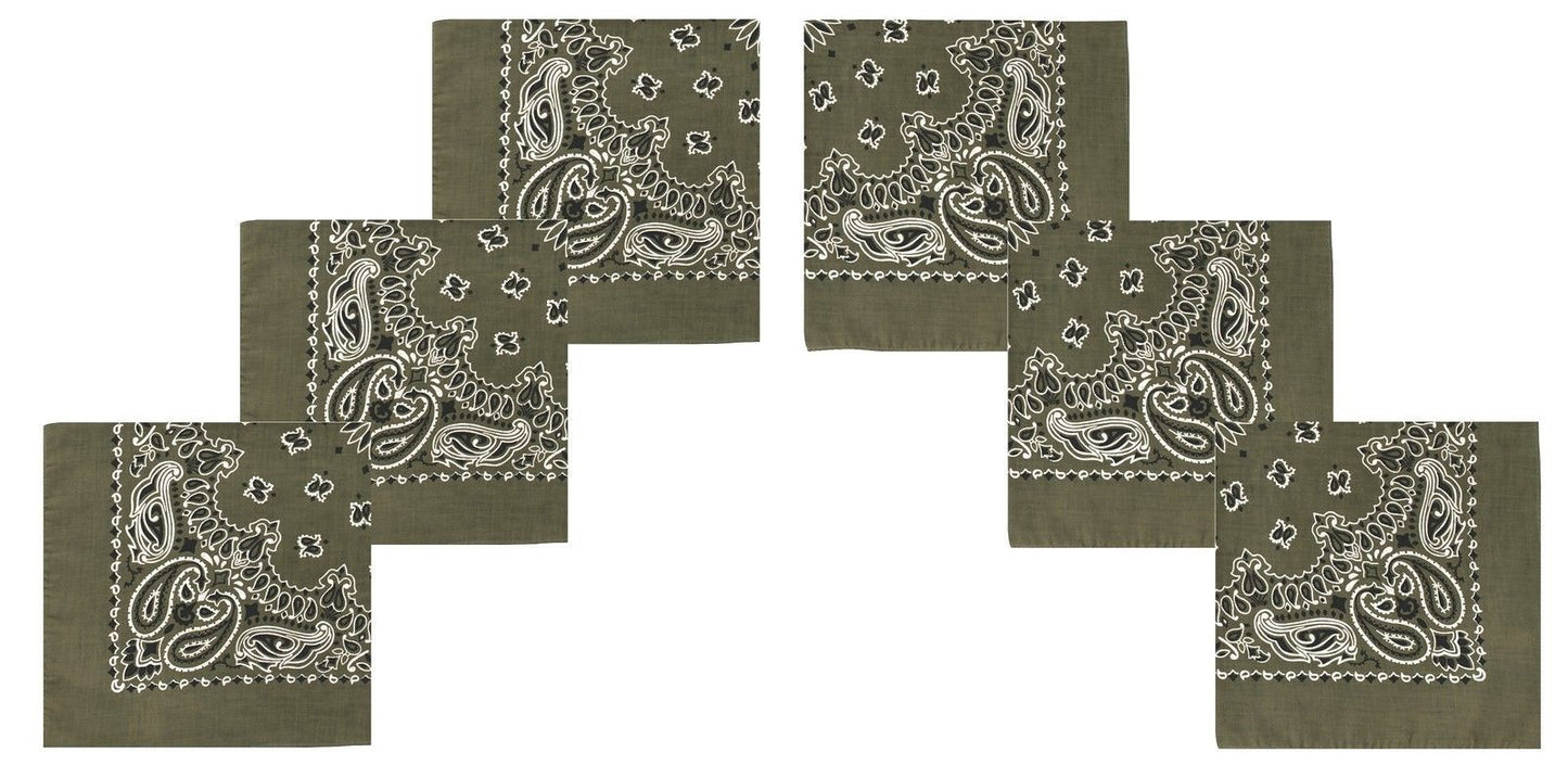 6 PACK Dark Green Paisley Bandanas 22" Olive Drab Trainmen Cotton Biker Headwrap